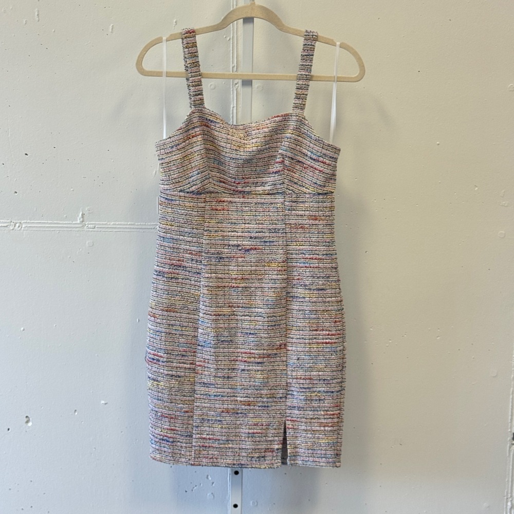 A. Byer Multi Color Tweed Mini Dress Sleeveless Square Neck Slit 1131L90 Small